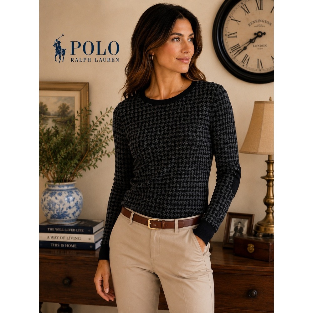 Lauren Ralph Lauren Houndstooth Cotton Top Black Grey Elbow Patch Preppy Size XL